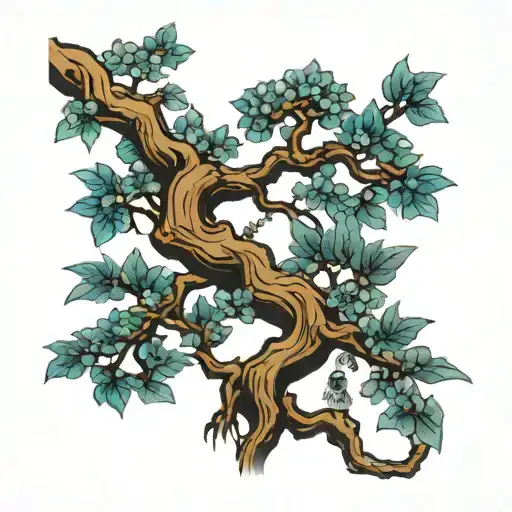 Long Japanese Tree Tattoo With Blue Leaves