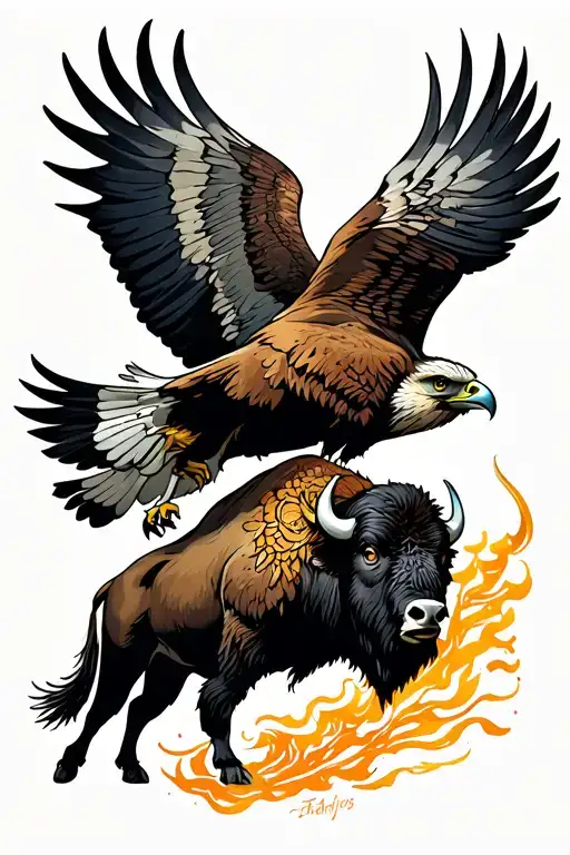 Neotraditional Sleeve With A Hawk Flying And A Bison