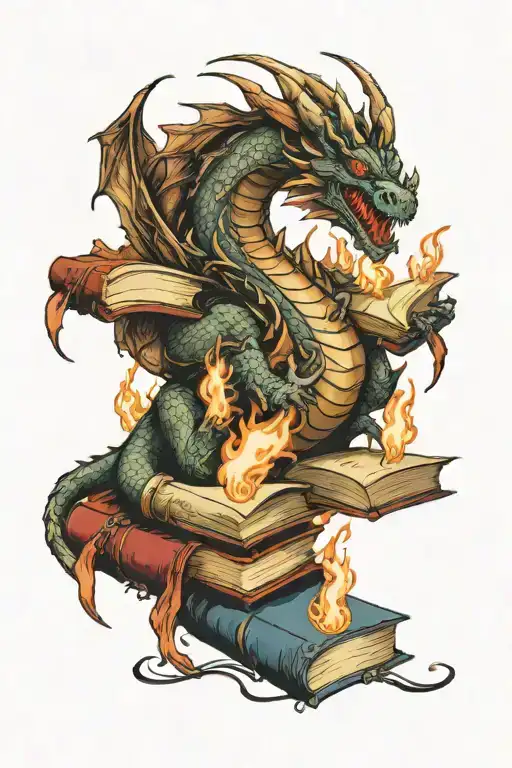 A D&d Themed Tattoo Featuring A Dragon Breathing Fire Onto A Stack Of Books