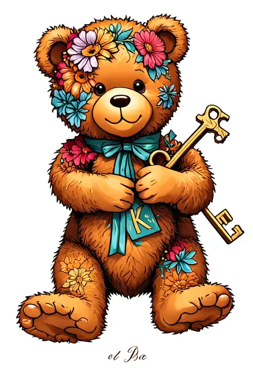 Cute Teddy Bear Holding A Beautiful Key With Flowers And A Cursive Letter K On Its Left Foot