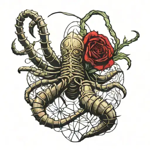 A Facehugger Reaches Towards A Crimson Rose Intertwined