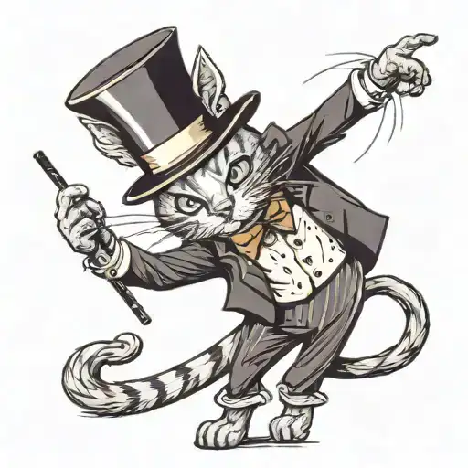 An Anthropomorphic Cat Wearing A Tuxedo And A Top Hat Dancing With A Cane