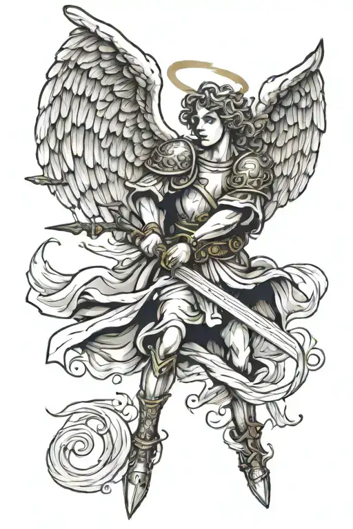 An Angel With Wings Holding A Sword In Sky