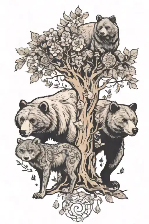Bear Walking With A Wolf And A Female Dear With A Owl And Butterflies Under The Tree Of Life