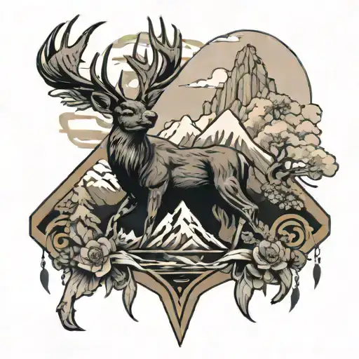 Deer And Eagle With Mountain Background Black