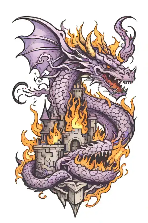 Purple Dragon Wrapping Itself Around A Burning Castle