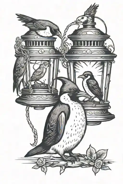Penguin With Lantern At Its Feet And A Cardinal On Top Of Lantern