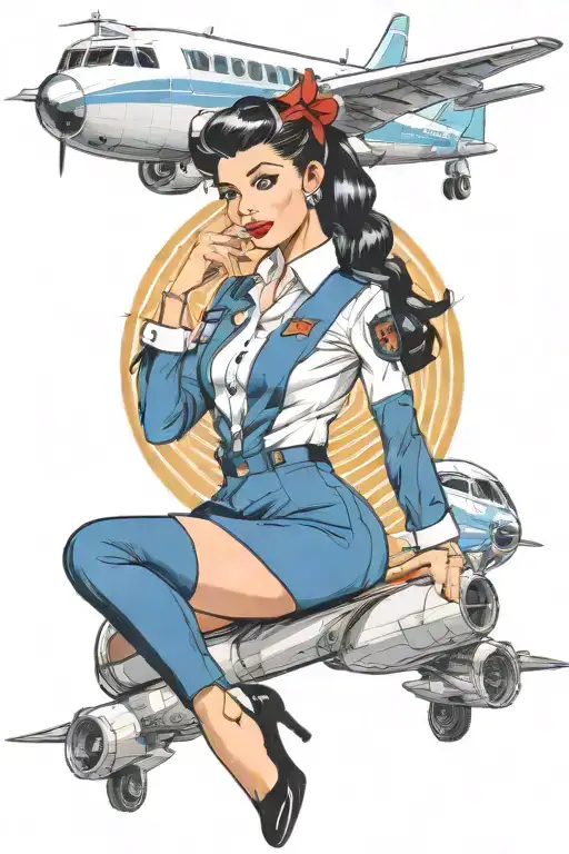 Flight Attendant Pin Up Girl Black Hair Blue Eyes