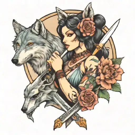 Women With The Sword And Flower And Wolf