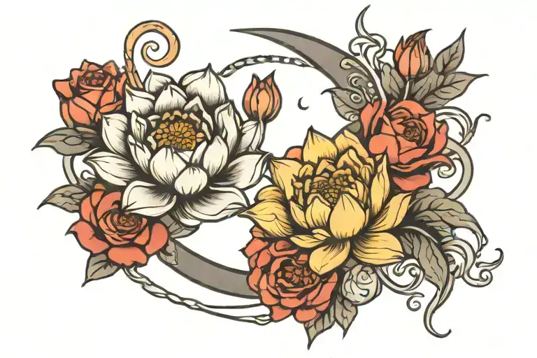 Lotus And Rose Intertwined With Moon Intertwined