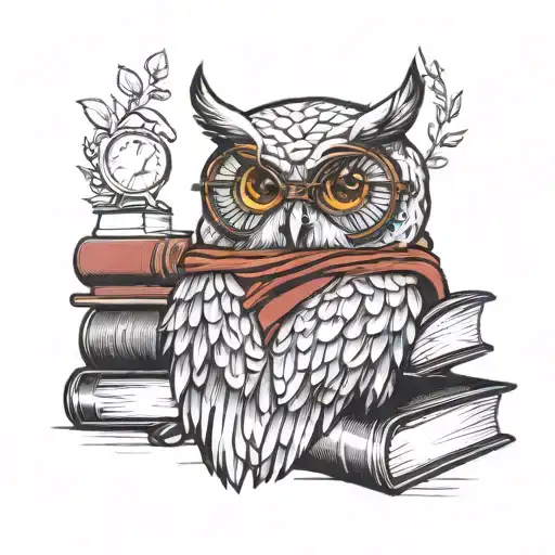 Owl Wearing Circle Glasses On Top Books Wearing Gryffindor Shawl