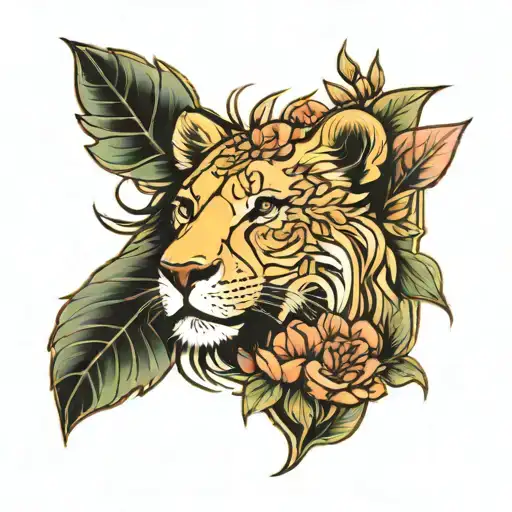 Lioness Surrounded By Flowers And Leaves Sunset Sky