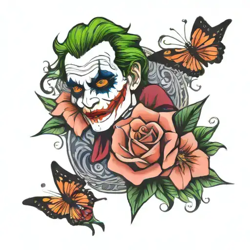 Joker Tattoo With Butterflies And Flowers