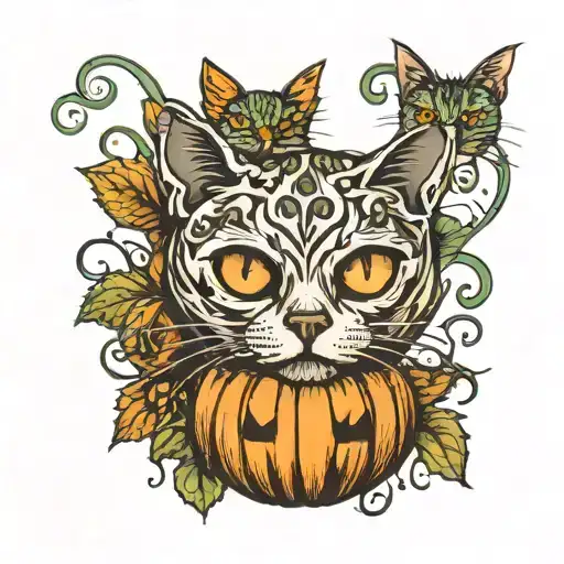 Pumpkin With A Cat Skull On Top And Wrapped In Vines