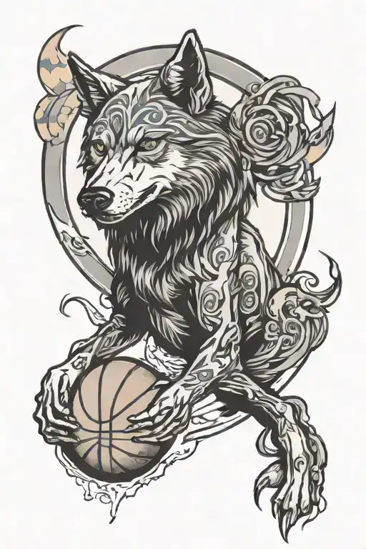 Wolf With A Full Moon In The Form Of A Basketball Hoop
