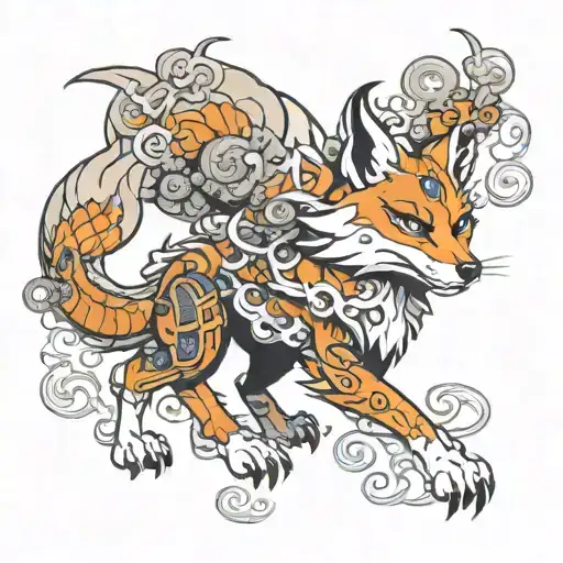 9 Tailed Fox Walking Tattoo With Prince With Thousands Enemies Drawing Style