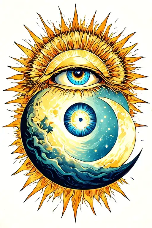 A Halo Of Sun Rays With And Eye A The Center And A Quarter Of Moon On The Side