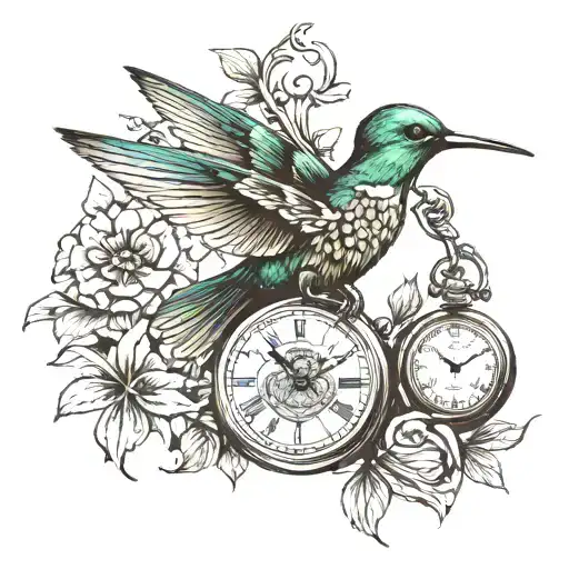 Humming Bird Carrying A Small Open Pocket Watch With Its Feet