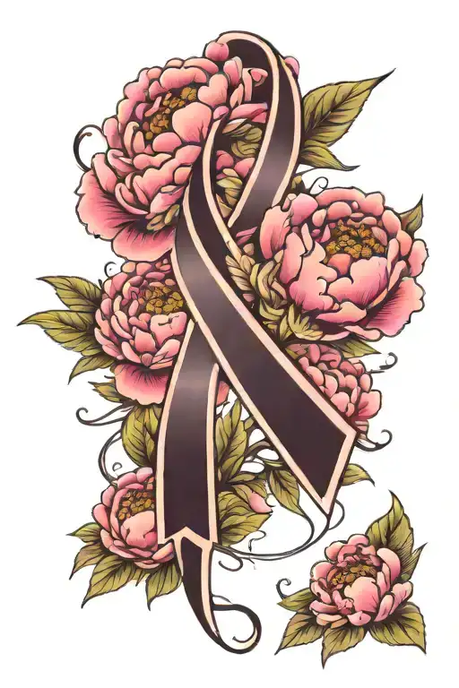 Breast Cancer Ribbon With Peony Flowers Surrounding