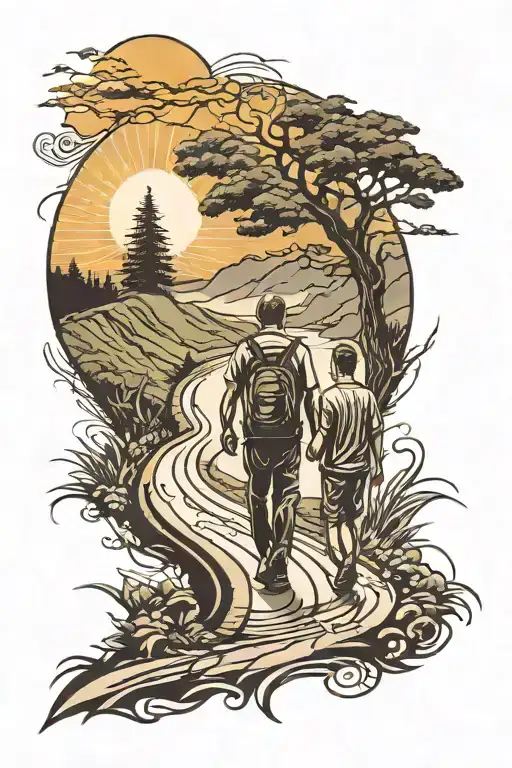 Winding Road With Sun Rays Shining And Father And Son Walking