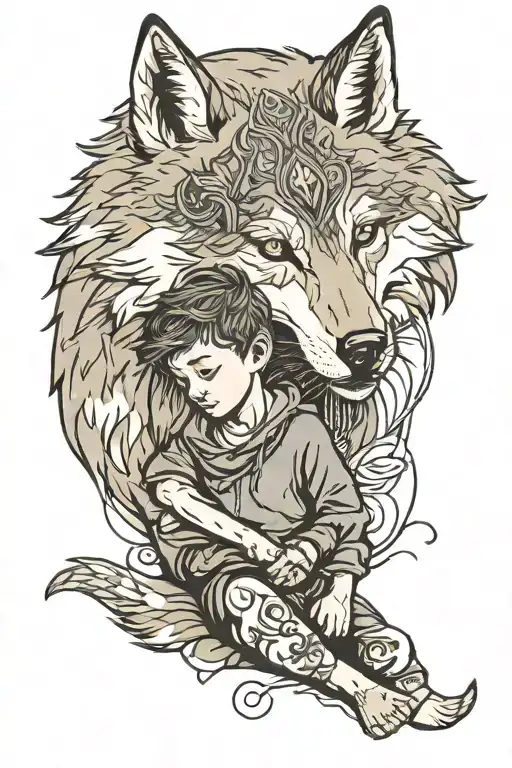 Mother Wolf And Little Boy Laying