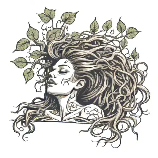 Woman Lying Down Her Hair Are Roots And Her Body Growing Into A Tree With Half Branch And Half Leaf