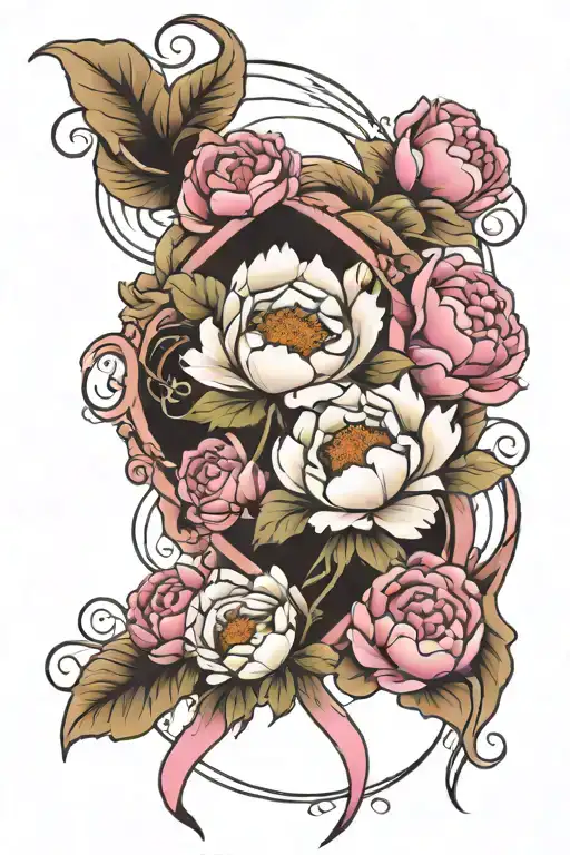 Breast Cancer Ribbon With 3 Peony Flowers Surrounding