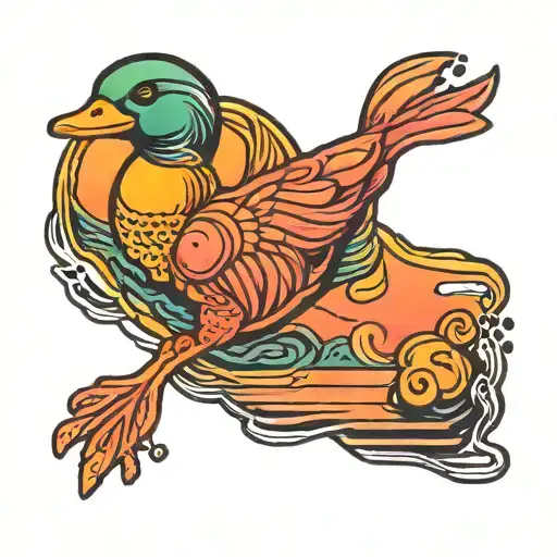 Outline Of Tiny Duck In Colorful Sunset With Vibrant Reflections