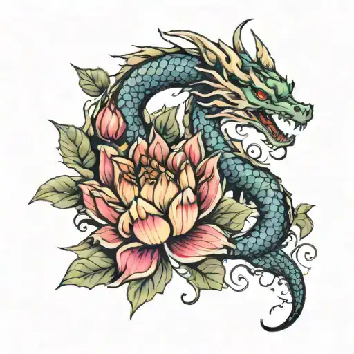 Dragon And Lotus Flower Blooming