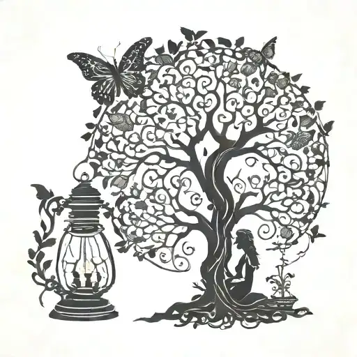 Oil Lamp Silhouette Woman Tree Of Life Butterfly