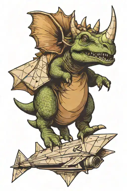 Triceratops Riding A Paper Airplane Flying