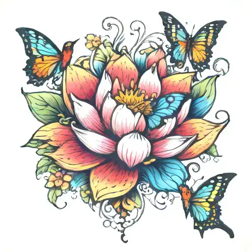 Brightly Colored Lotus Flower With Birds And Butterflies