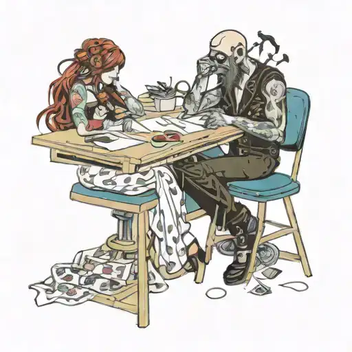 Two Metalheads In Love Sitting Desk