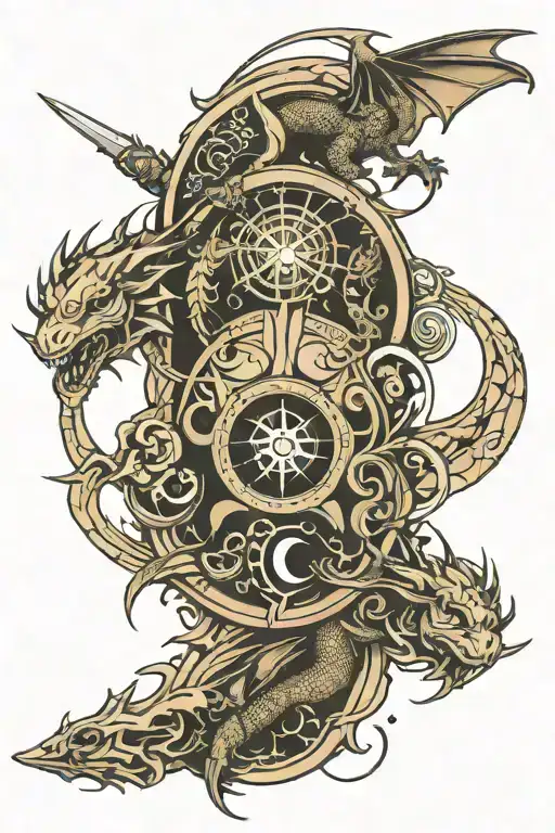 Line Of Moon Phases With Dragons And Sword