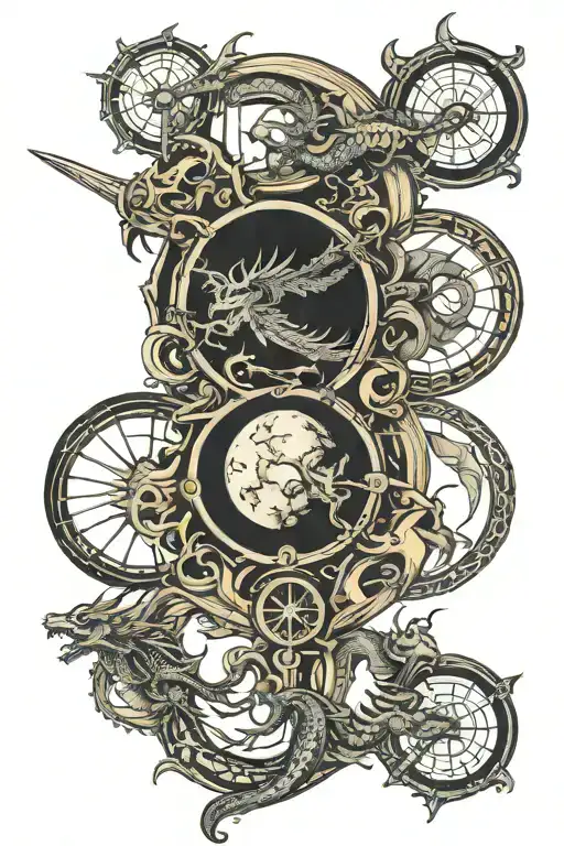 Line Of Moon Phases With Dragons And Sword