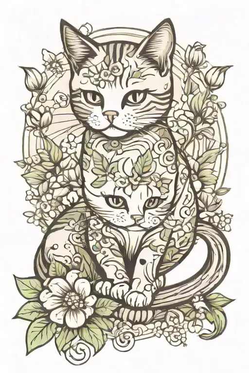 Stretching Cat With Sweet Pea And Daisy Flower