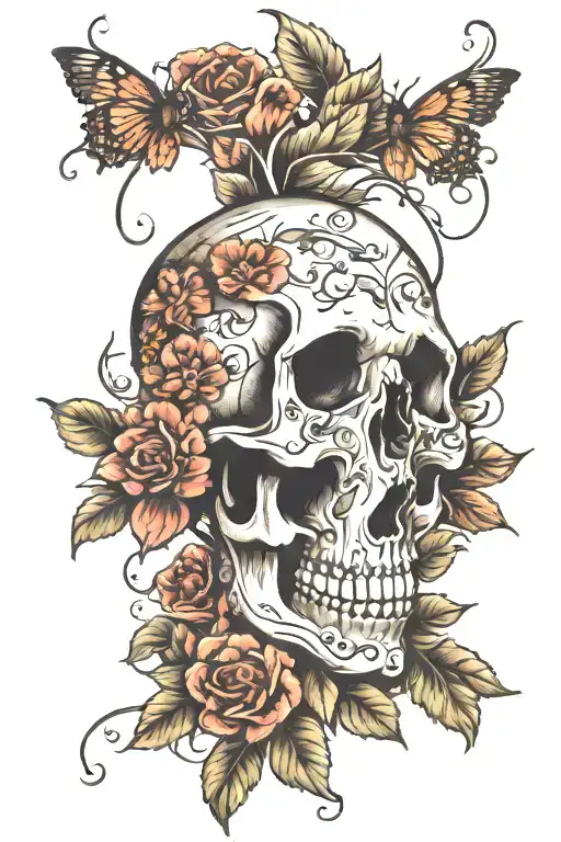 Skull And Flowers Intertwined