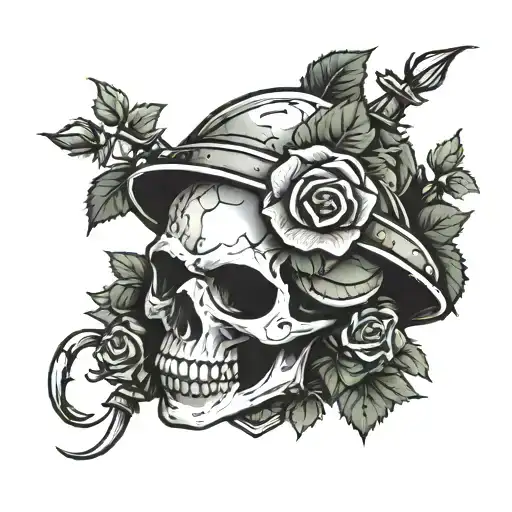 Army Helmet Wrapped With A Rose And Thorns