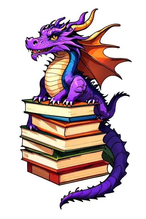 Purple Dragon Hoarding Books With Tail Wrapped