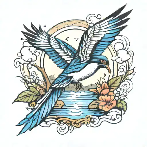 River Scene Inside Of A Magpie Bird Flying