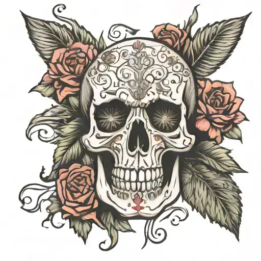 Skull Around Name Wrapping Into Flowers With Another Name