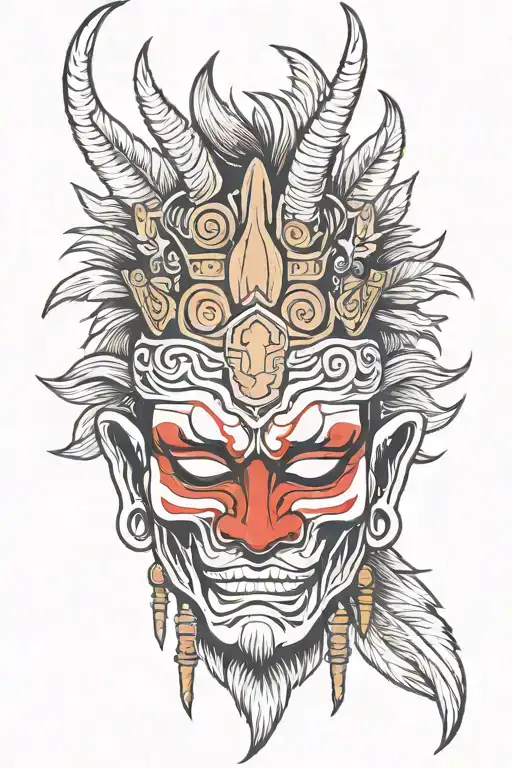 Japanese Hannya Mask Wearing Native American Headdress Being Worn