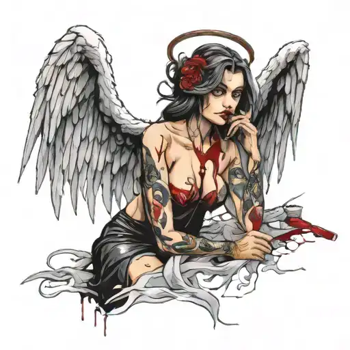 Sexy Angel Evil Facial Expression Torn Dress Covered In Blood Smoking A Cigarette Full Body View