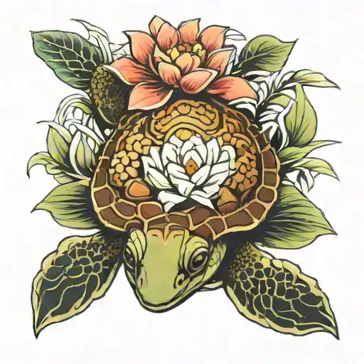 Coy Fish And Lotus Flower With Turtle Using A Japanese Theme Tattoo Art