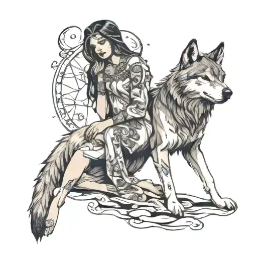 Wolf And Woman Posing