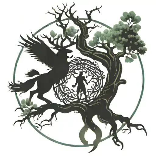 Tree Life With Shadow Of Valkryie On Left Side And Viking Berserker On Right Side