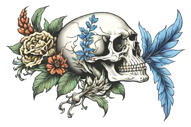 Skull With Bluebonnet And Indian Paintbrush Flowers
