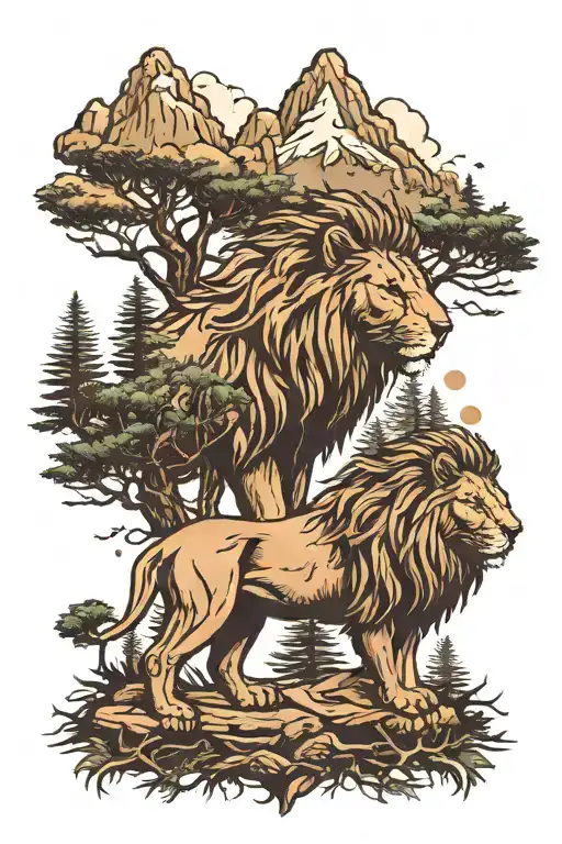 Pine Trees With Mountains And Lion Surrounded