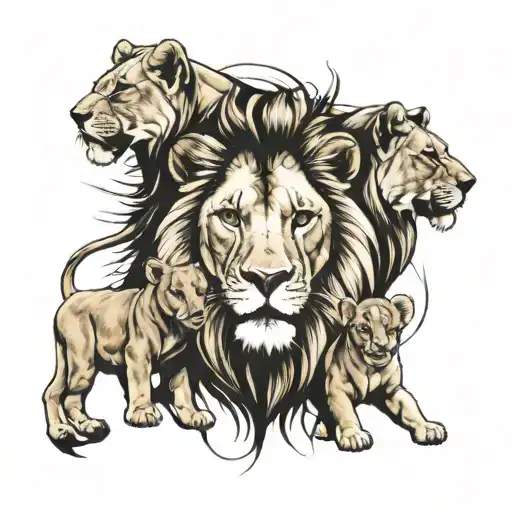 Lion Lioness And Two Cubs