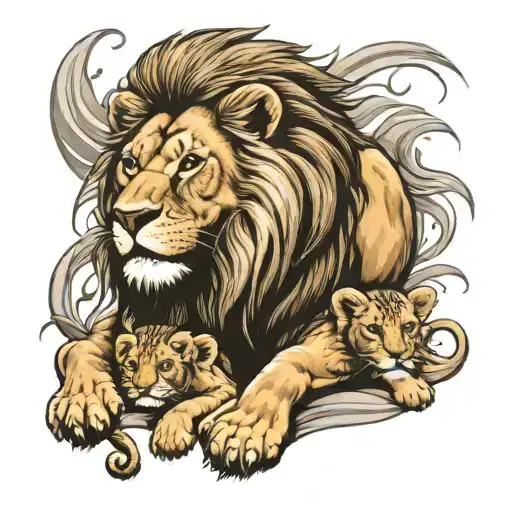 Lion Protecting Two Cubs One A Little Older Than The Other With A Nice Background